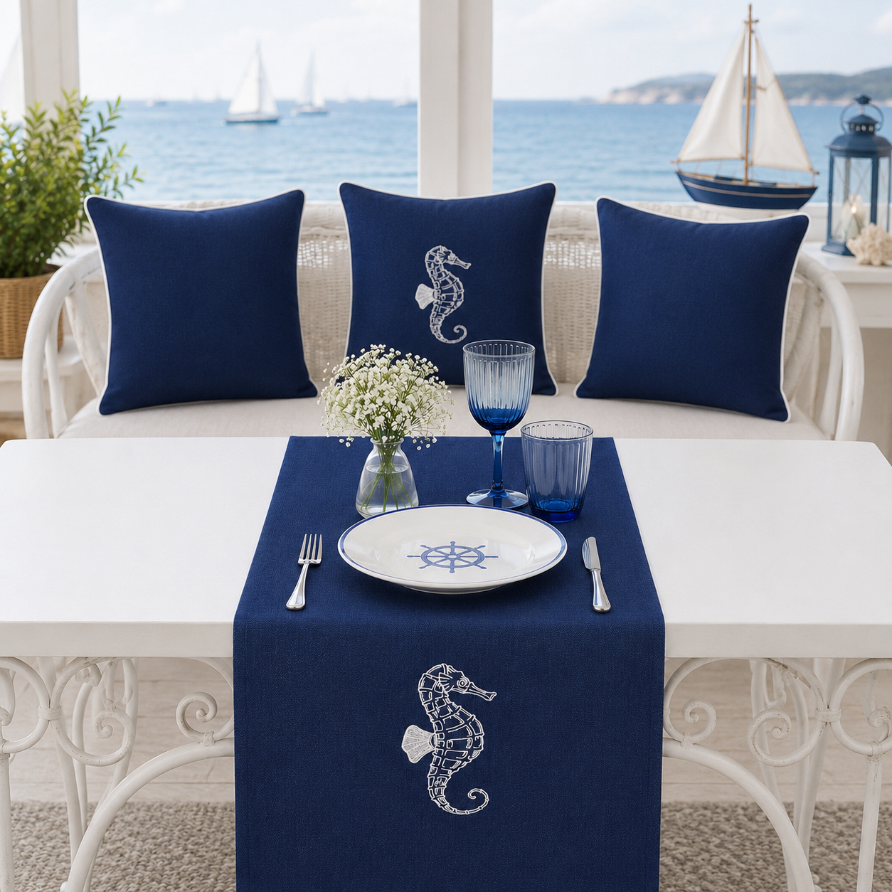 Nakışlı Deniz Atı Desenli Marin Kırlent Kılıfı Runner Set