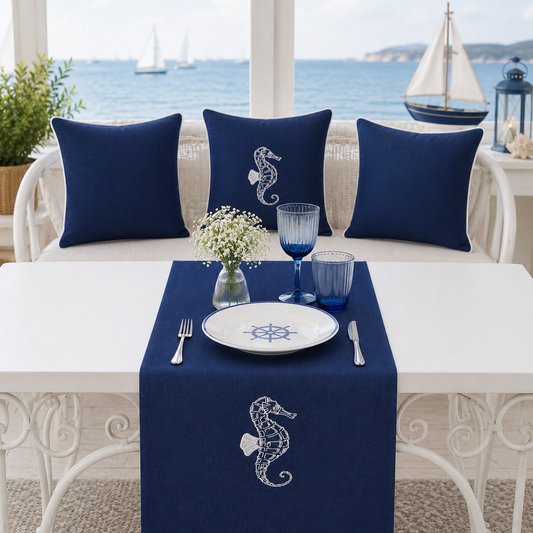Nakışlı Deniz Atı Desenli Marin Kırlent Kılıfı Runner Set