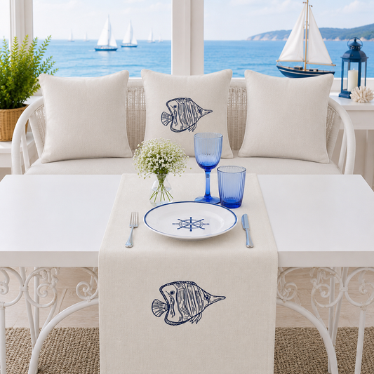 Nakışlı Balık Desenli Marin Kırlent Kılıfı Runner Set