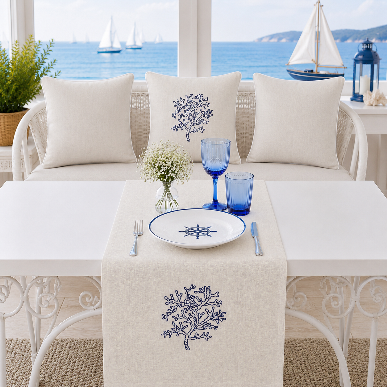 Nakışlı Yosun Desenli Marin Kırlent Kılıfı Runner Set