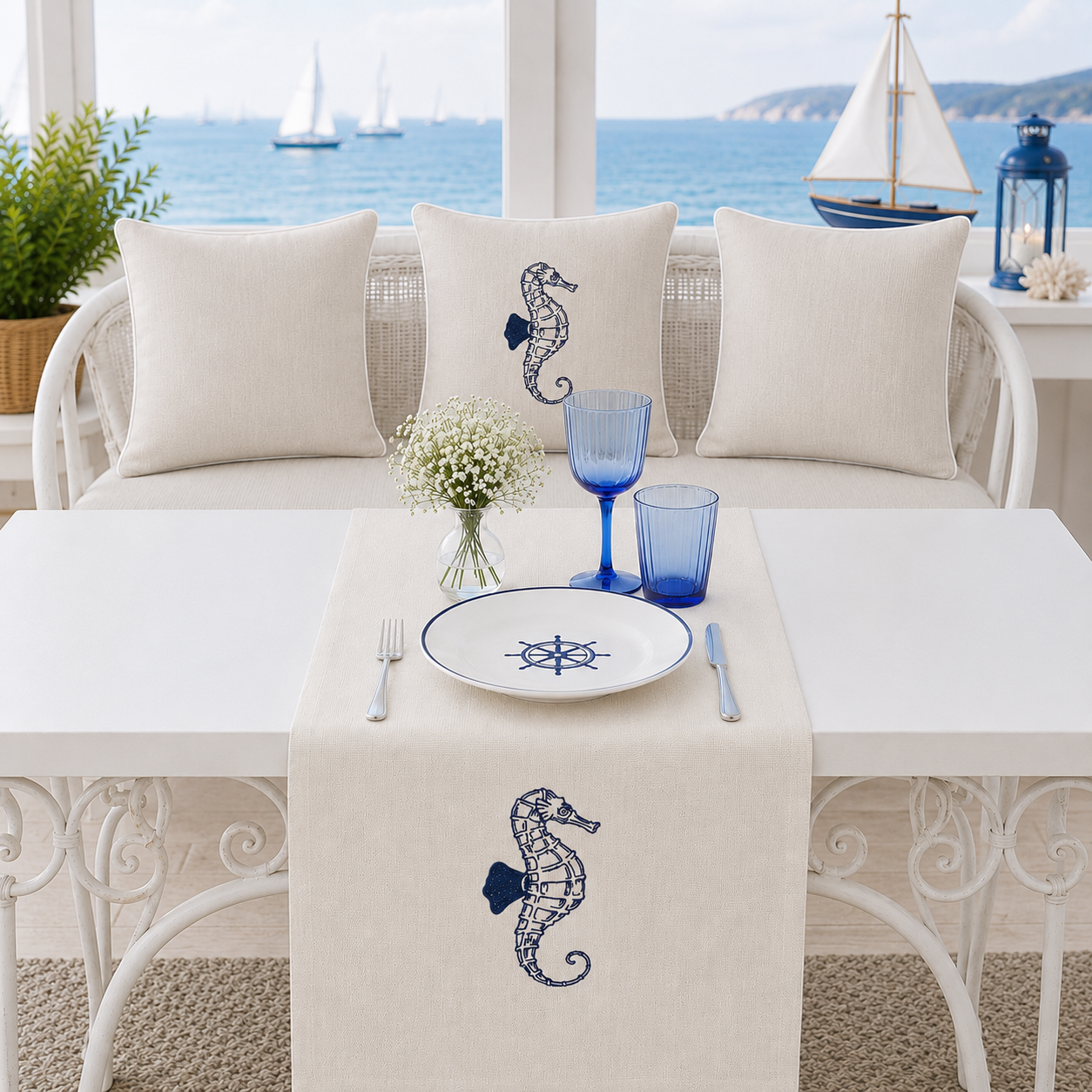 Nakışlı Deniz Atı Desenli Marin Kırlent Kılıfı Runner Set
