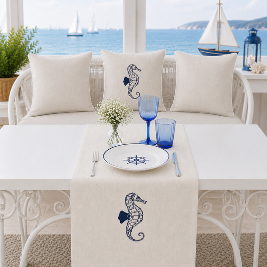 Nakışlı Deniz Atı Desenli Marin Kırlent Kılıfı Runner Set