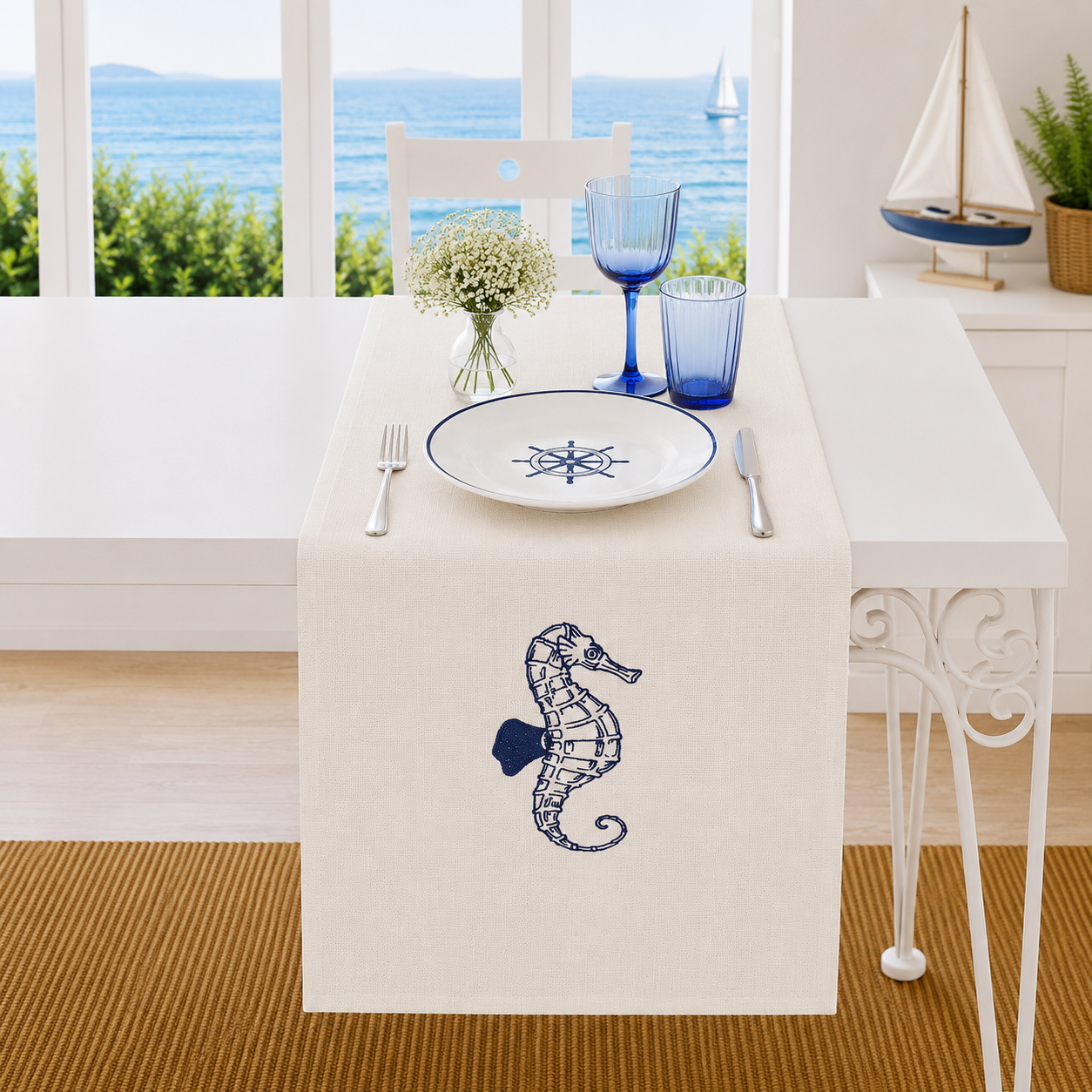 Nakışlı Deniz Atı Desenli Outdoor Dokuma Runner