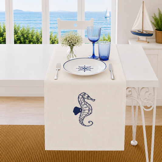 Nakışlı Deniz Atı Desenli Outdoor Dokuma Runner
