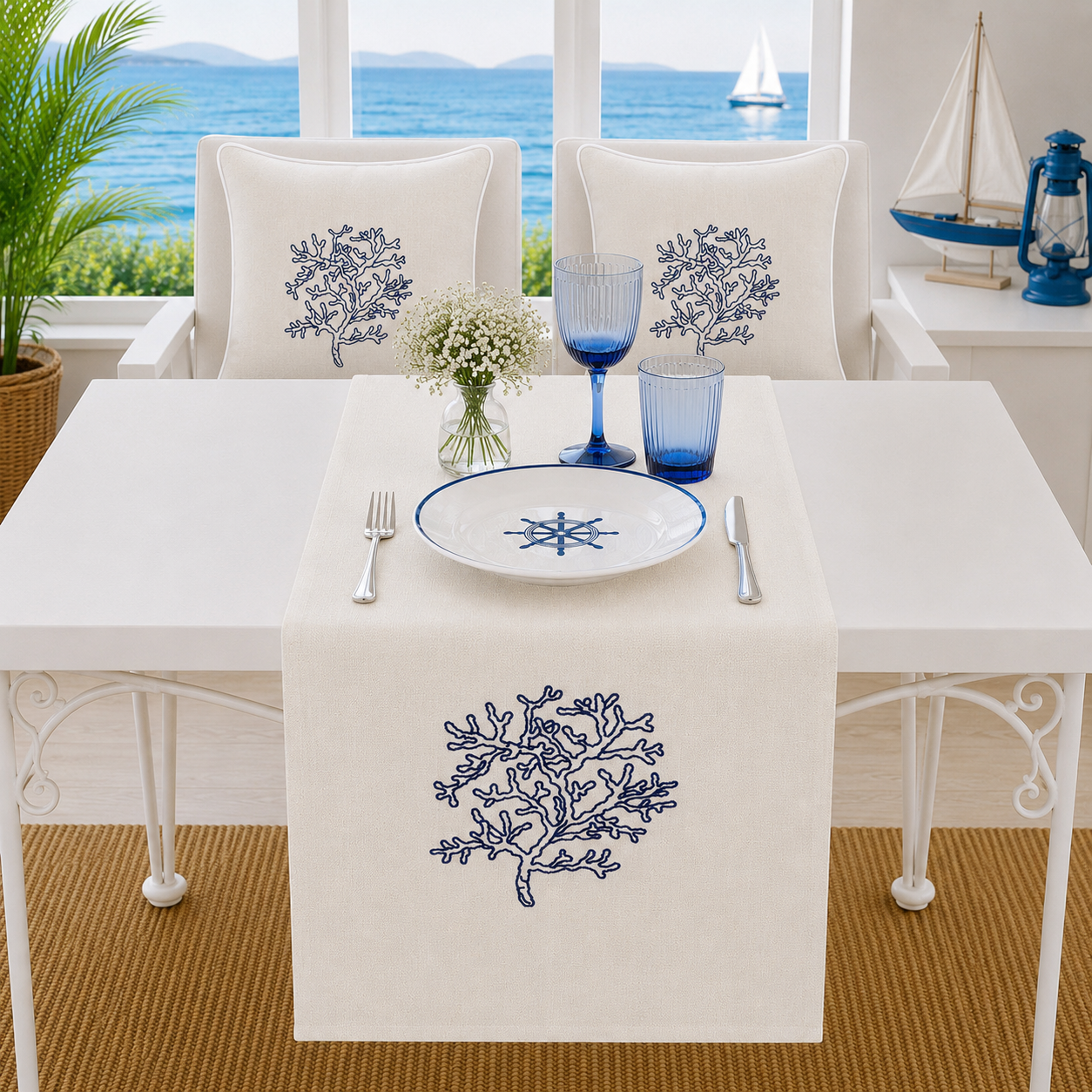 Nakışlı Yosun Desenli Marin Kırlent Kılıfı Runner Set
