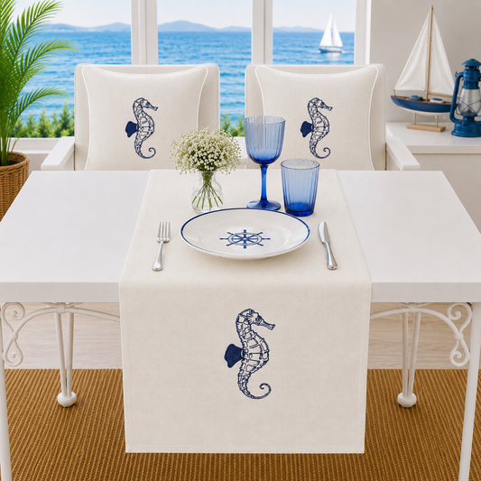 Nakışlı Deniz Atı Desenli Marin Kırlent Kılıfı Runner Set