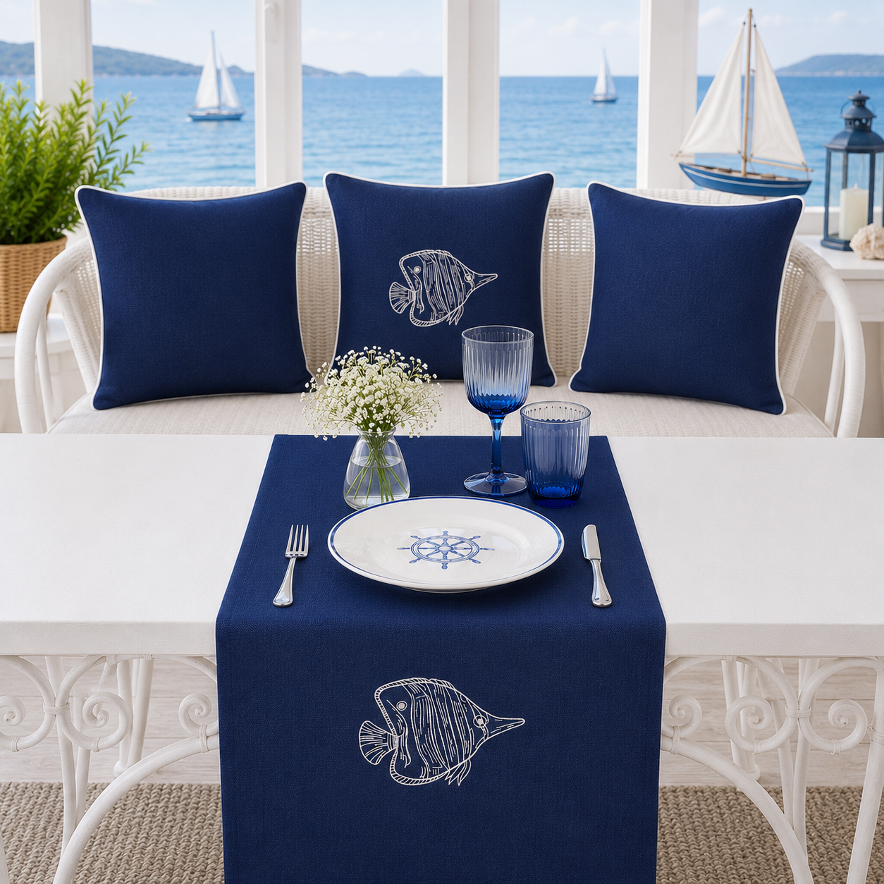 Nakışlı Balık Desenli Marin Kırlent Kılıfı Runner Set