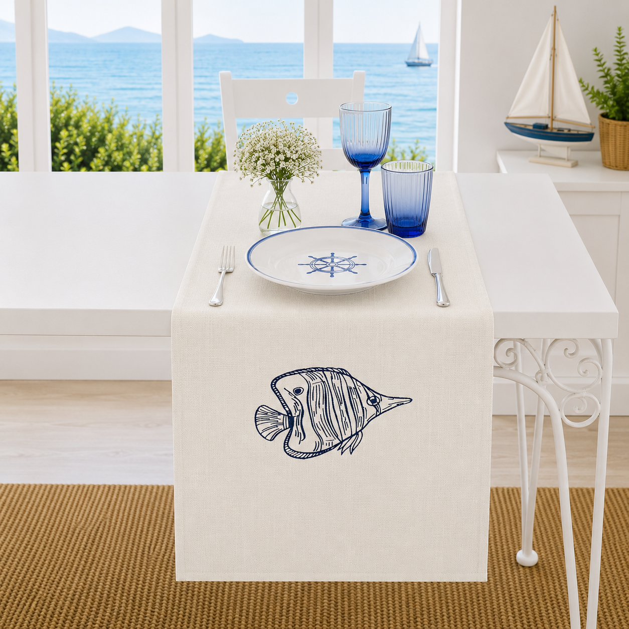 Nakışlı Balık Desenli Outdoor Dokuma Runner
