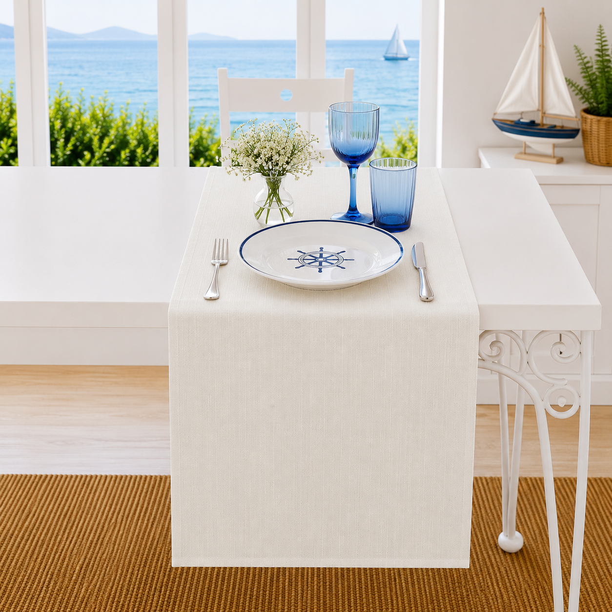 Krem Düz Keten Marin Kırlent Kılıfı Runner Set